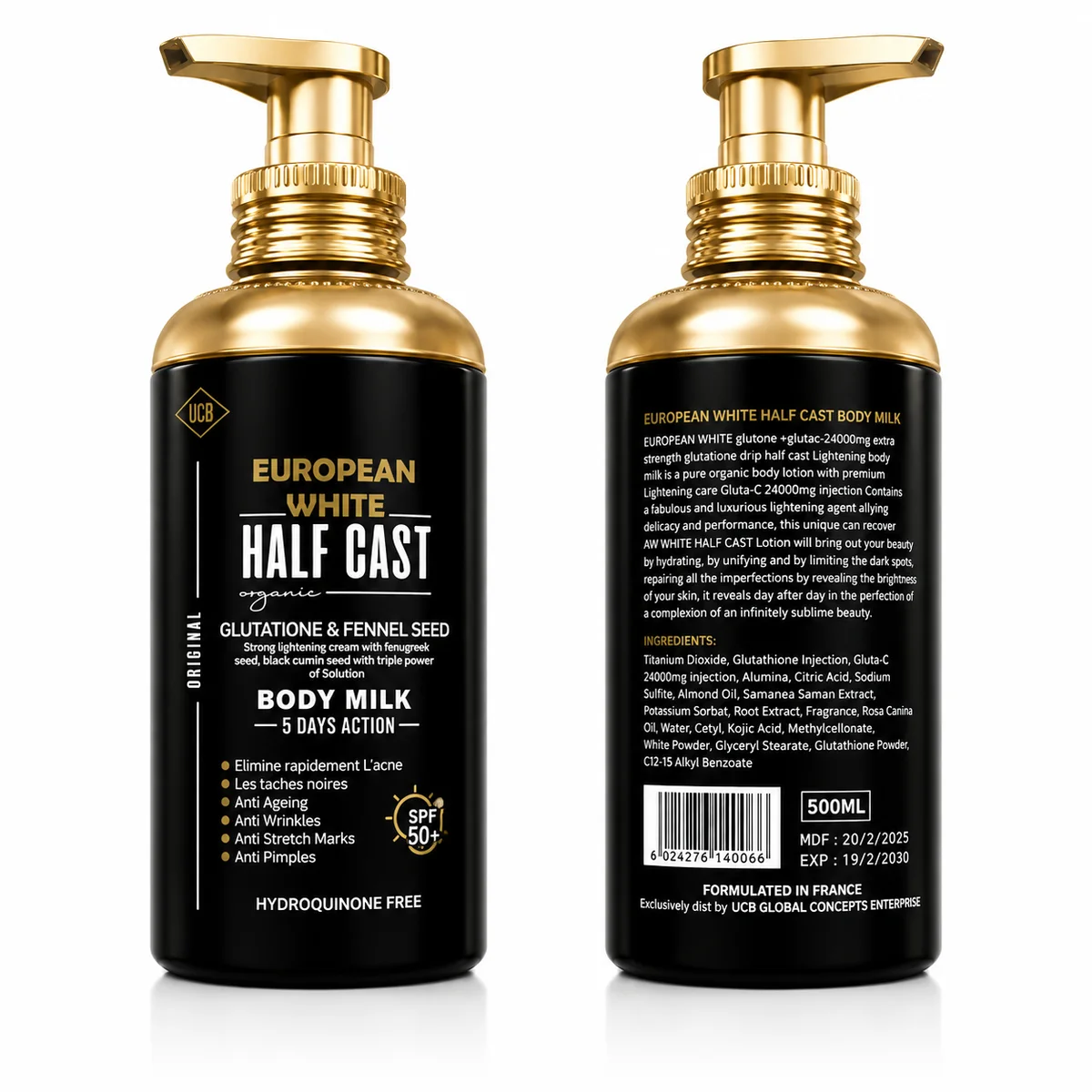 UCB European White Half Cast Organic - Lait Corporel Éclaircissant au Glutathion & Fenouil