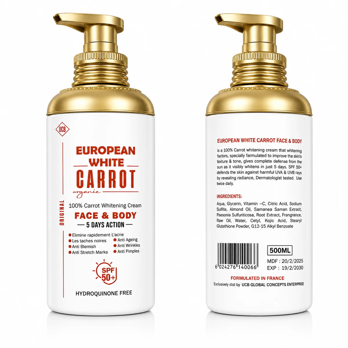 UCB European White Carrot Organic - Crème Éclaircissante Visage & Corps Carotte