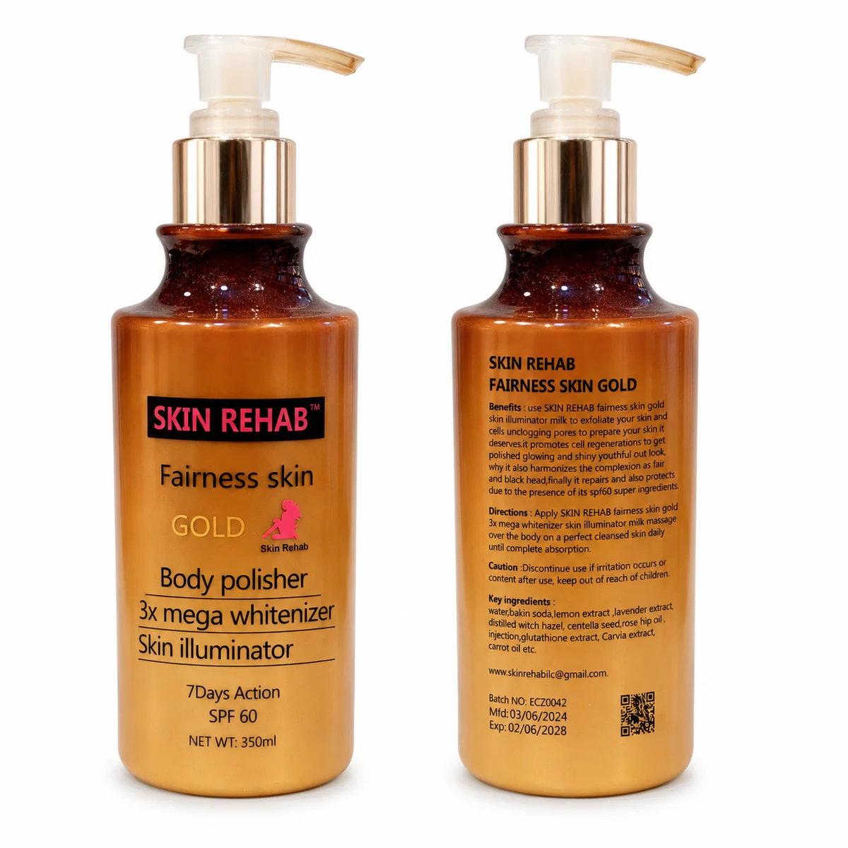 SKIN REHAB Fairness Skin Gold - Polisseur Corporel Éclaircissant 3x Méga Blancheur Illuminateur de Peau SPF 60