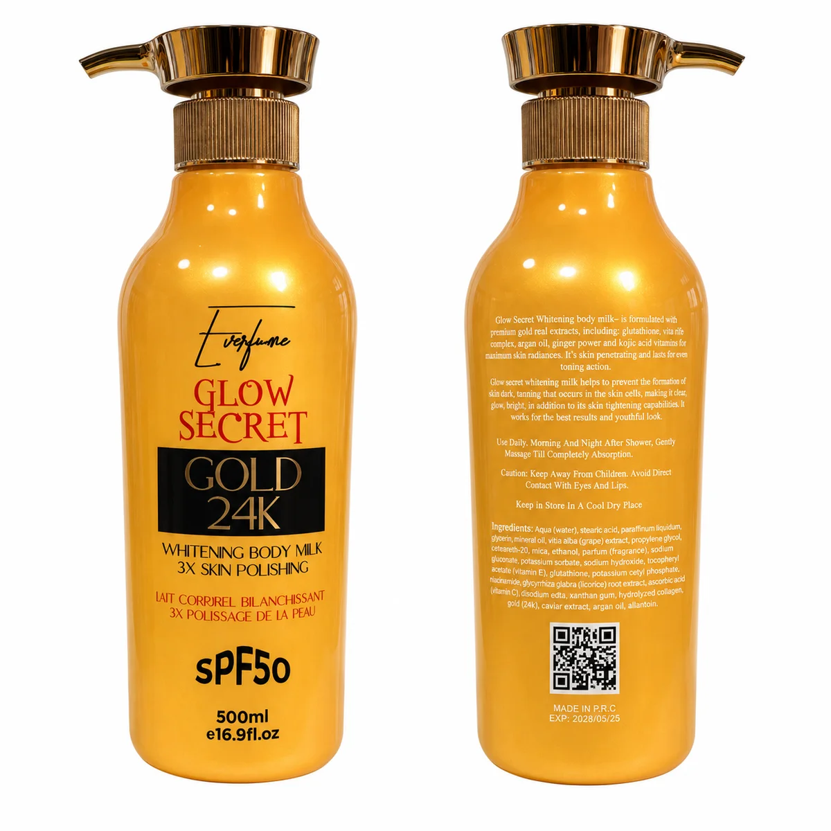 Glow Secret, Gold 24K - Lait Corporel Éclaircissant, 3X Polissage de la Peau, SPF50