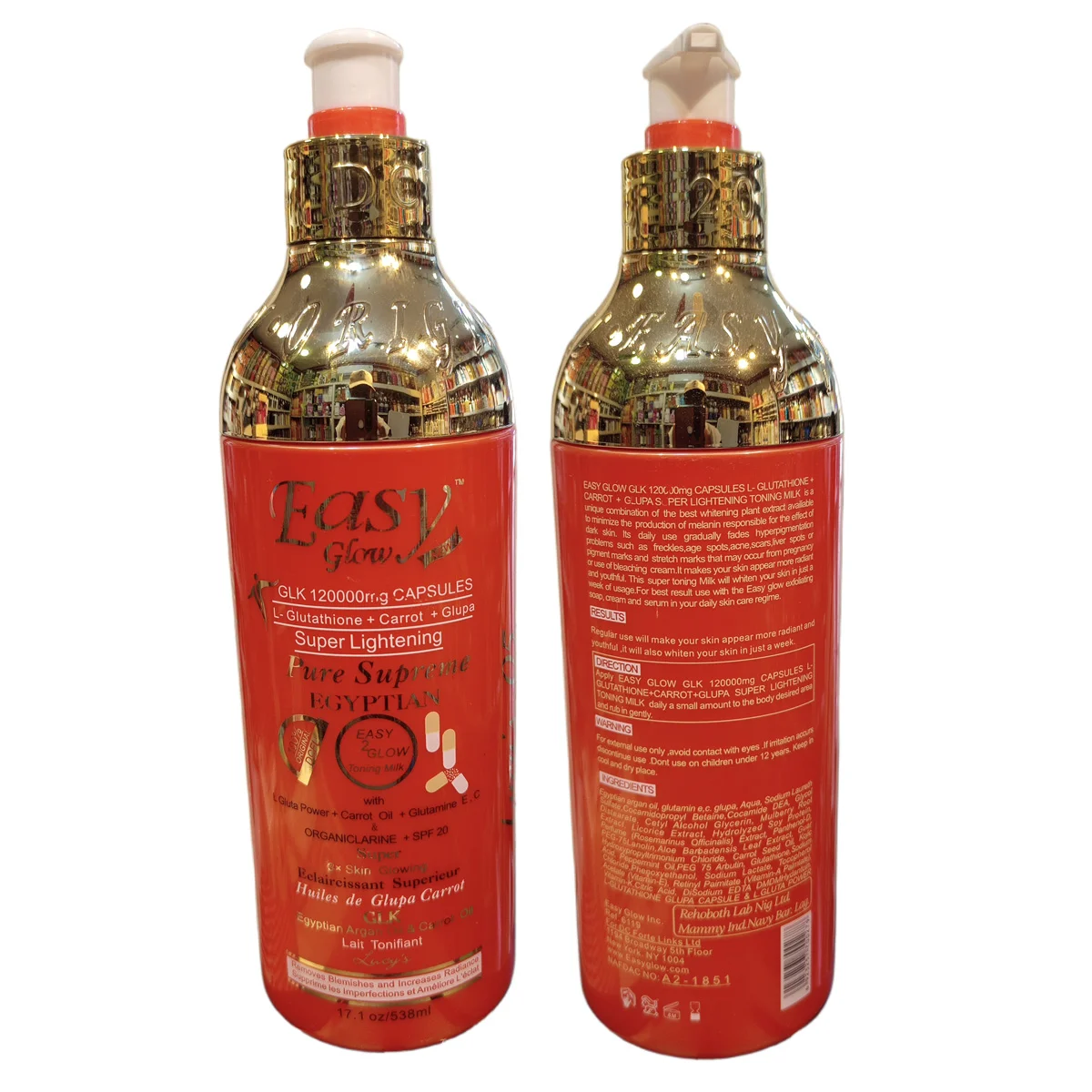 Easy Glow - GLK 120000mg Capsules, L-Glutathione + Carrot + Glupa, Super Éclaircissant, Pure Supreme Egyptian, Lait Tonifiant, SPF20