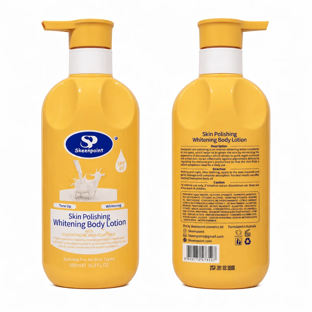 Skeenpoint - Skin Polishing, Lait Corporel Éclaircissant, Glutathion et Lait d’Avoine, SPF 30