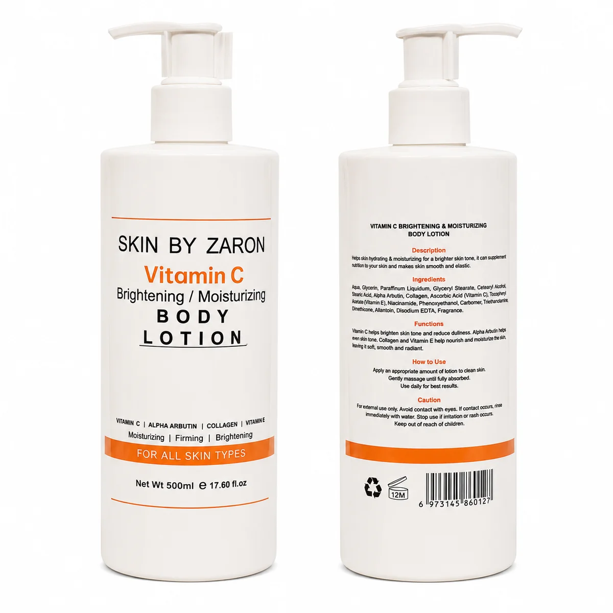 Skin By Zaron Vitamin C - Lotion Corporelle Éclaircissante et Hydratante, Alpha Arbutine, Collagène, Vitamine E