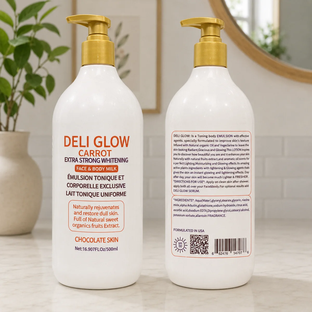 DELI GLOW Carrot Extra Strong Whitening Face & Body Milk - Lait Tonique Éclaircissant Visage et Corps à la Carotte