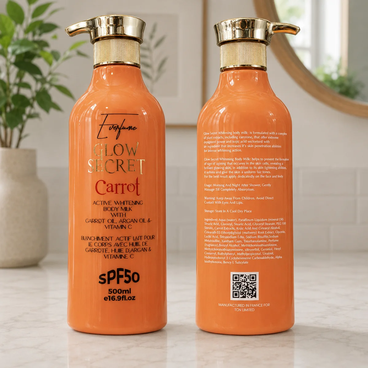 Everfume Glow Secret Carrot Active Whitening Body Milk - Lait Corporel Éclaircissant Actif à l'Huile de Carotte, Huile d'Argan et Vitamine C