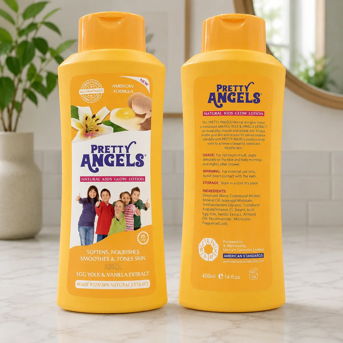 Pretty Angels Natural Kids Glow Lotion - Lait Corporel Nourrissant pour Enfants au Jaune d'Œuf et Extrait de Vanille